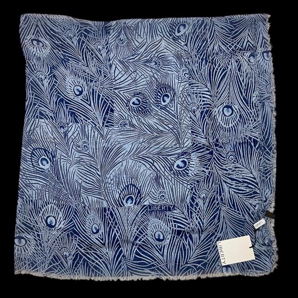Liberty of London Blue Peacock Feathers Print Modal Silk Scarf Made in Italy - Picture 3 of 5